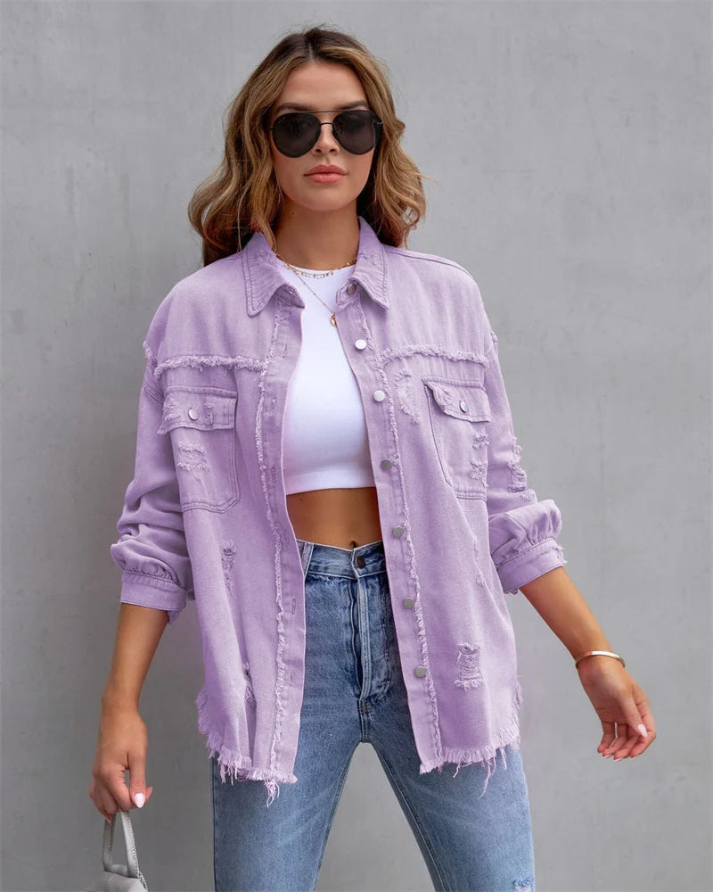 Ragged Torn Denim Lapel Jacket Women Autumn Winter Short Fashion Jacket  Pockets Blazer Solid Standard Overcoat Loose Streetwear  Amaijoin