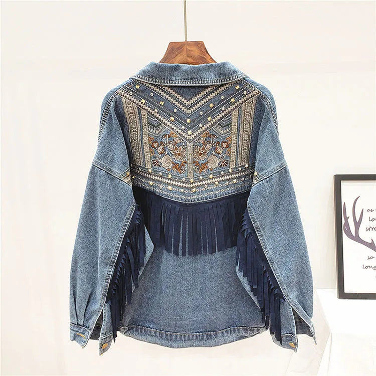 Denim Jacket Korean Floral Embroidery Suede Fringe Loose Chaquetas Mujer Coat Long Sleeve Outerwear Women Veste Femme  Amaijoin