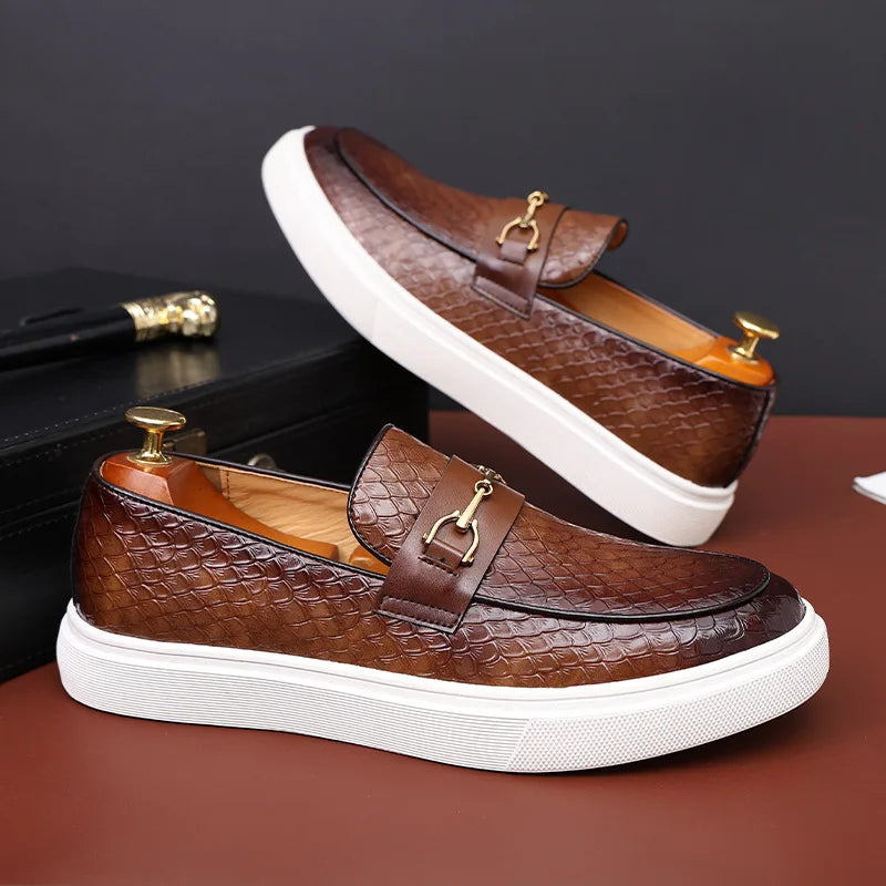 Men's Casual Shoes Embossed Leather Men Fashion Buckle Loafers Mens Slip-on Board Shoes Outdoor Flats  Amaijoin