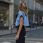 Carregue a imagem no visualizador da Galeria, TRAF Women Blouse Cropped Shirt Blue White Button Crop Shirt Elegant   Short sleeve Crop top Woman Office outfits Shirts Top  Amaijoin
