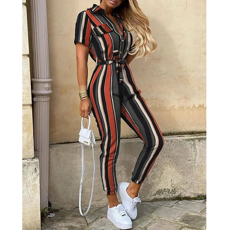 Women's Monochromatic Belt Workwear Jumpsuit, Casual Pants, Flip Collar, Buckle, European and American, Summer, 2023  Amaijoin