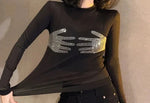 Carregue a imagem no visualizador da Galeria, Hot Drill Long Sleeve T-shirt Slightly Transparent Sexy Mesh Bottom Shirt Women Spring Korean Slim Tops Aesthetic Y2k Skinny Tee  Amaijoin
