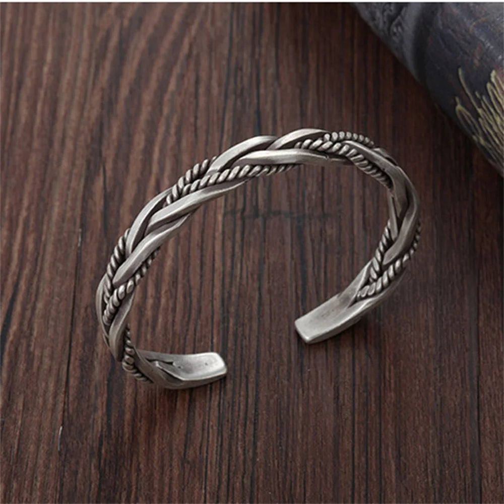 Retro Braided Twist Cuff Bracelet Silver Color Hip Hop Men's Bracelet Fashion Jewelry Dropshipping Hot Selling Accessories  Amaijoin