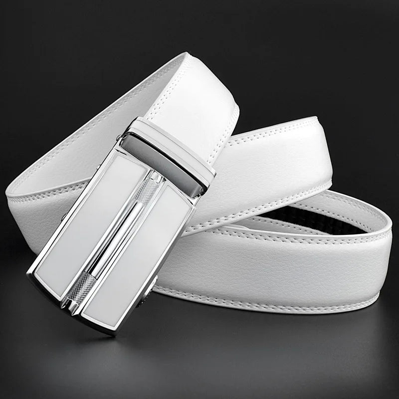 Elegant White Color Men Women Unisex Leather Belt Genuine Leather Automatic Buckle 3.5cm Width Men Waist Straps for Jeans  Amaijoin