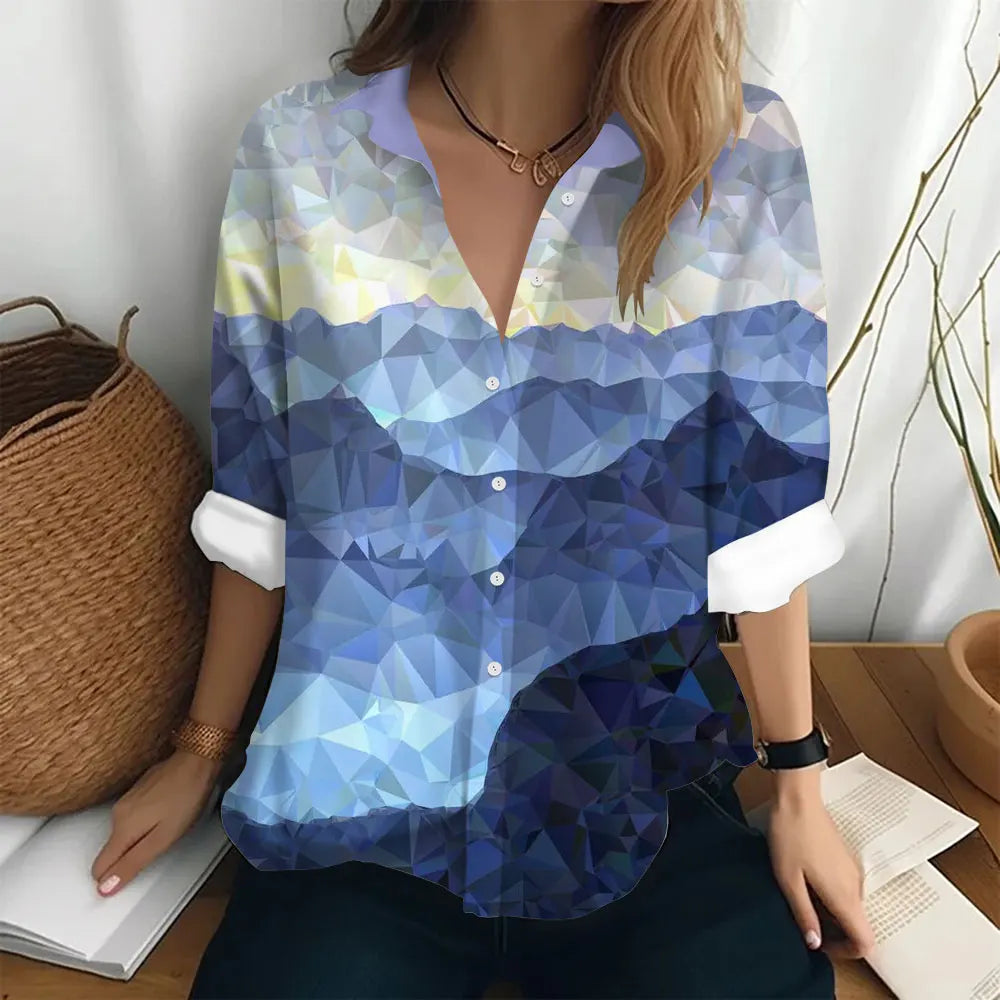 Autumn Women's Shirt Polo Collar Long Sleeve T-shirt Fashion Print Top Fashion Party Trend Women's Shirt Button Casual T-shirt  Amaijoin