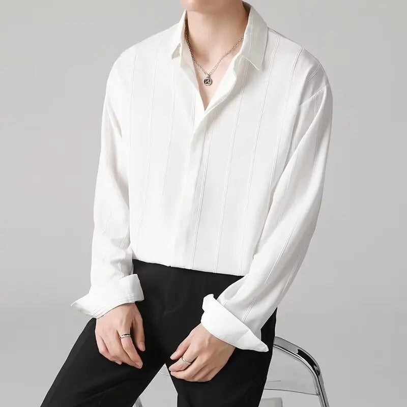 2024 Spring autumn Long Seeve White Shirts Men Fashion Loose Streetwear Shirts Simple Striped Office Social Blouse Men Clothing  Amaijoin