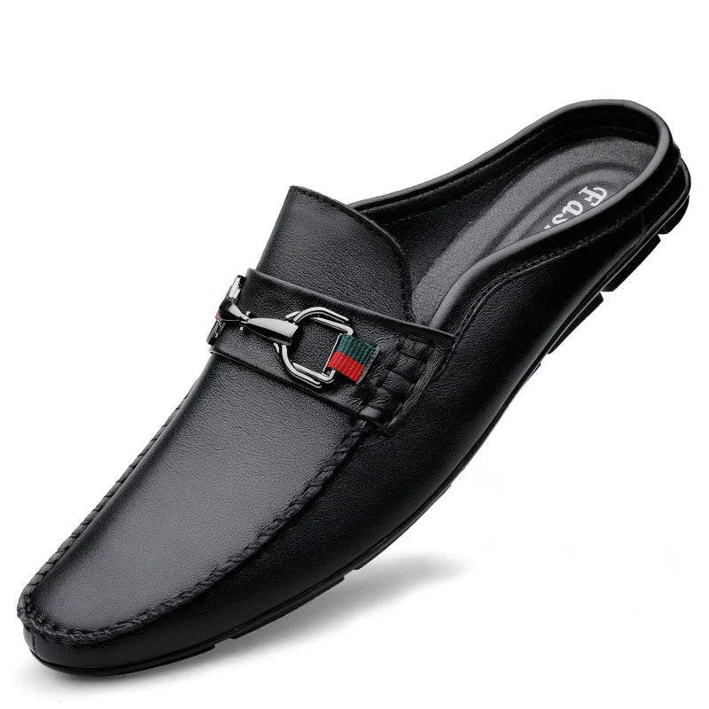 Man New Fashion First Layer Cowhide Casual Half Shoes Male Backless Loafer Half Footwear Hombre Open Back Leather Comfy Mocassin  Amaijoin