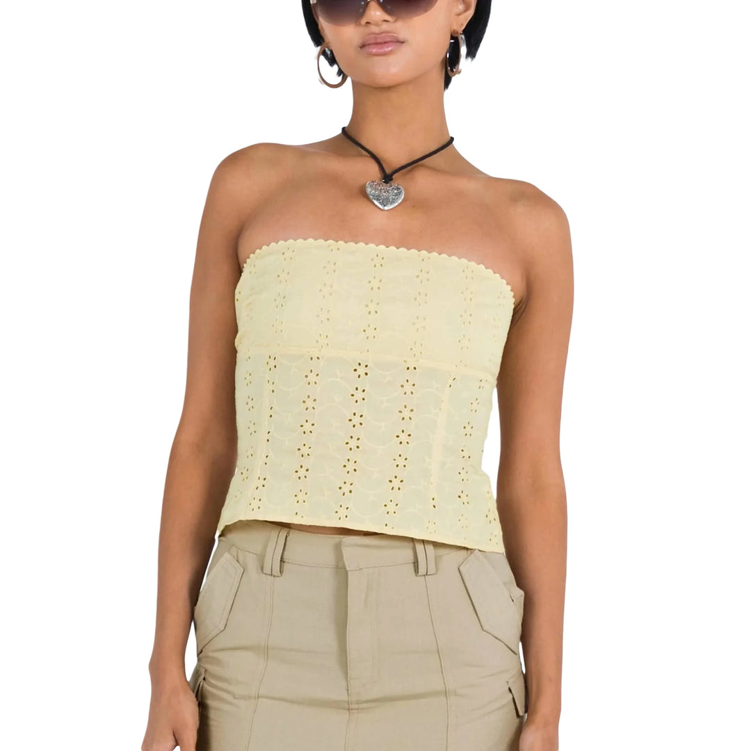 Women Y2K Strapless Tube Top Sexy Sleeveless Off Shoulder Mesh Hollow Out Bandeau Crop Vest Summer Going Out Aesthetic  Amaijoin