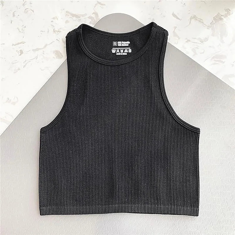 Rib Green Tank Top Femme Casual Sport Tops O Neck Solid Basic T-shirts Seamless Vest Streetwear Sleeveless Casual Sexy Crop Top  Amaijoin