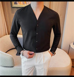 Carregue a imagem no visualizador da Galeria, Brand Scarless Elastic V-neck Shirt Men Long Sleeve Casual Business Dress Shirts Solid Social Party Tuxedo Blouse Men Clothing  Amaijoin
