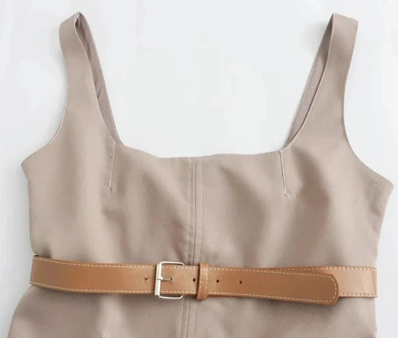 EDSA Women Fashion Top with Belt 2024 Summer Square-cut Neckline Strappy Topstitching Blouse Casual Female Streetwear  Amaijoin