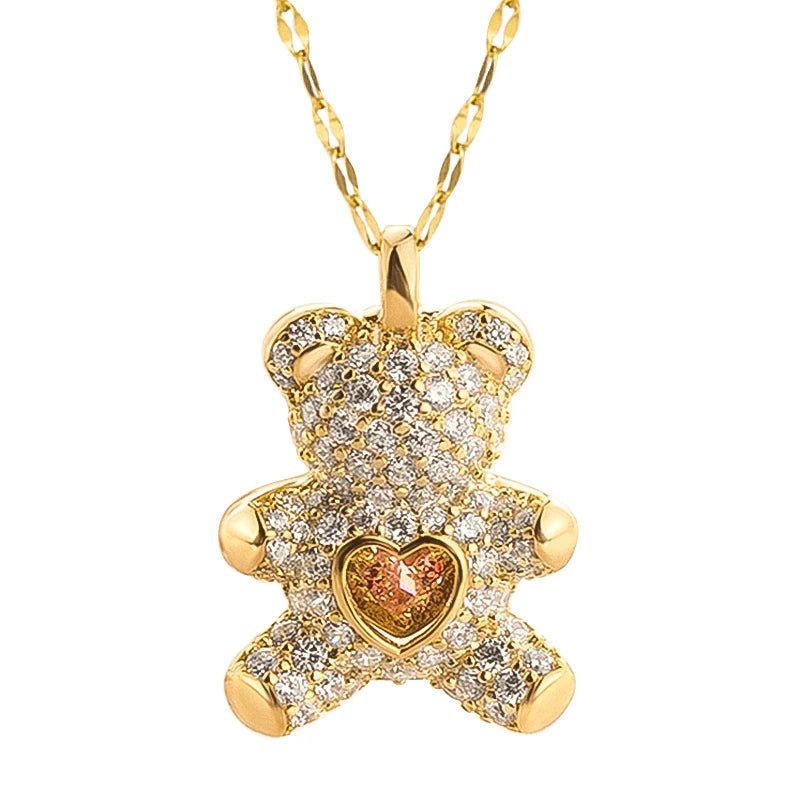 Flash Lovely Bear Pendant Necklaces for Women Golden Titanium Stainless Steel Neck Link Chain female Jewelry Gift  Amaijoin