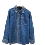 Carregue a imagem no visualizador da Galeria, DEAT Women&#39;s Denim Shirt Loose Blue Grey Hot Fix Rhinestone Lapel Single Breasted Button Blouse 2024 Summer New Fashion 29L6940  Amaijoin
