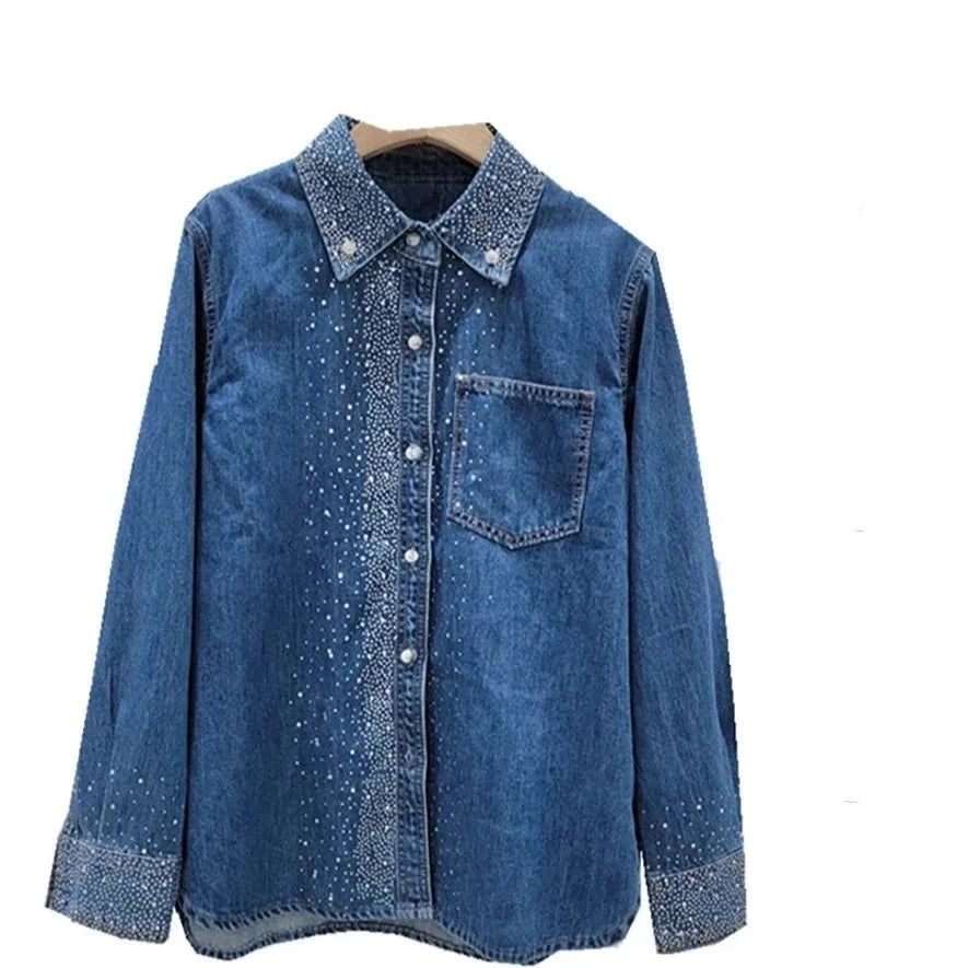 DEAT Women's Denim Shirt Loose Blue Grey Hot Fix Rhinestone Lapel Single Breasted Button Blouse 2024 Summer New Fashion 29L6940  Amaijoin