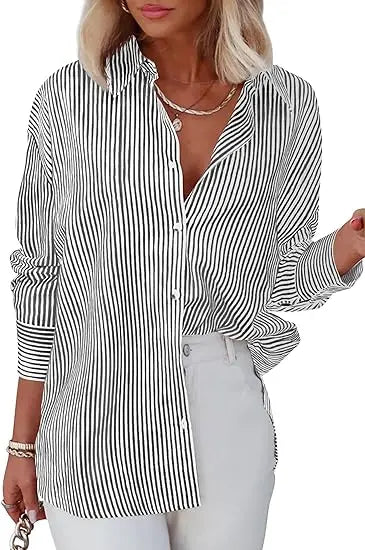 2024 Women's Shirt Blouse Striped classic Print,Button Long Sleeve Casual  No pockets Daily Basic Shirt Fall & Winter Tops  Amaijoin