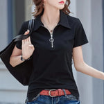 Carregue a imagem no visualizador da Galeria, New 2024 Summer Women T Shirt Cotton Elegant Style Zipper Neck Fashion Office Lady Top Short Sleeve Polo For Women  Amaijoin
