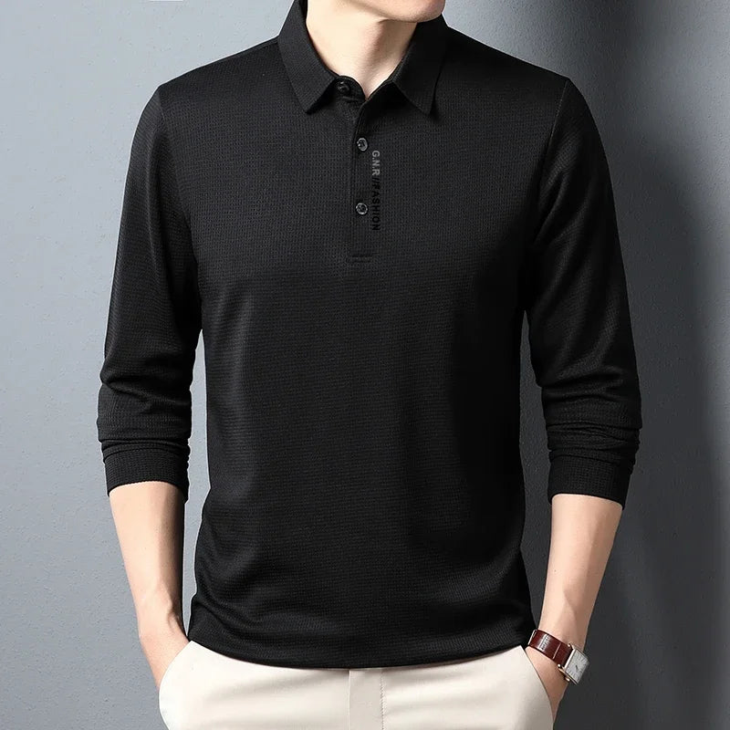 Men's Waffle Long Sleeved POLO Shirt with Letter Printed Lapel Casual Top  Amaijoin