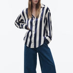 Carregue a imagem no visualizador da Galeria, TRAF Women&#39;s Striped Satin Shirt Long Sleeve Lapel Button Down Shirt Women&#39;s Tops Y2K Loose Street Shirt Commuter Fashion Shirt  Amaijoin
