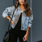 Carregue a imagem no visualizador da Galeria, 2023 Spring New Denim Jacket Women Long-sleeved Denim Jacket Female Leopard Stitching Female Tops  Amaijoin
