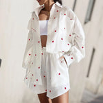 Carregue a imagem no visualizador da Galeria, Women Two Piece Set Cotton Linen Ruffle Shirt Shorts Summer Home Heart Pattern Long Sleeve Button Blouse Short Set Outfits  Amaijoin
