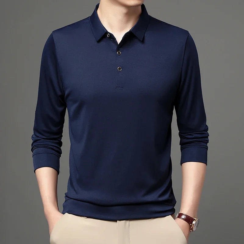 5-color Men's Solid Color Casual Fashion Long Sleeved Polo T-shirt  Amaijoin