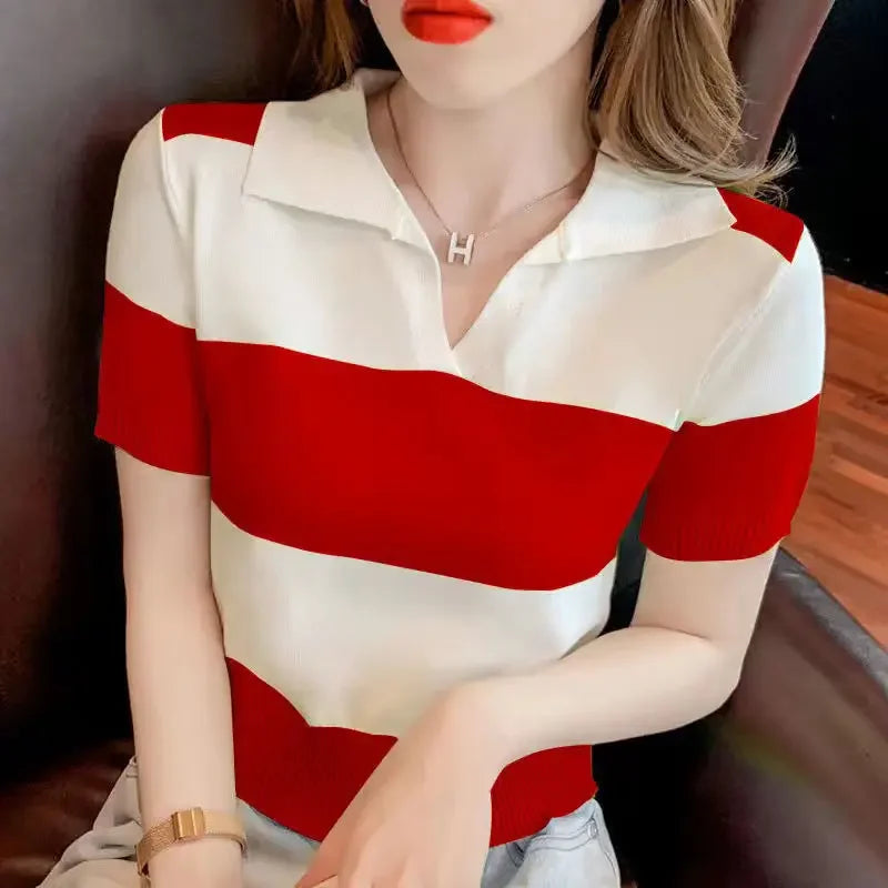 Clothing T-shirt Woman Tops Red Knit Polo Neck Shirts for Women Green Striped Short Sleeve Tee V Cute Youth High Quality Cotton  Amaijoin