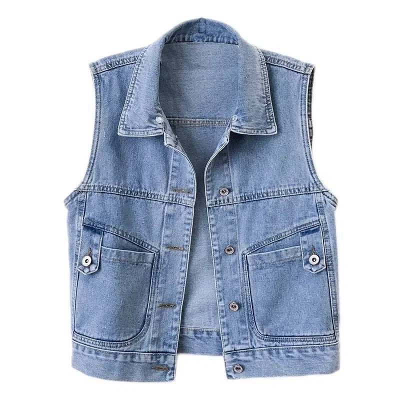 Short Hooded Denim Vest Jackets Women Spring Autumn Pocket Jean Waistcoat Sleeveless Tank Schoolgirl Outerwear Casual Tops Vest  Amaijoin