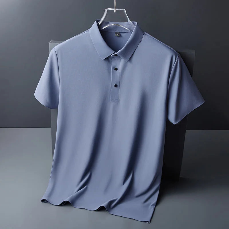 High quality wrinkle resistant ice silk short sleeve t-shirt men's summer Lapel loose casual solid color top high-end polo men  Amaijoin