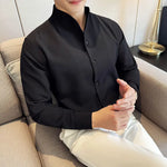 Carregue a imagem no visualizador da Galeria, Sexy V-neck Shirt Men&#39;s Long Sleeved Casual Shirts Collarless Seamless Business Dress Shirt Social Party Tuxedo Blouse M-4XL  Amaijoin
