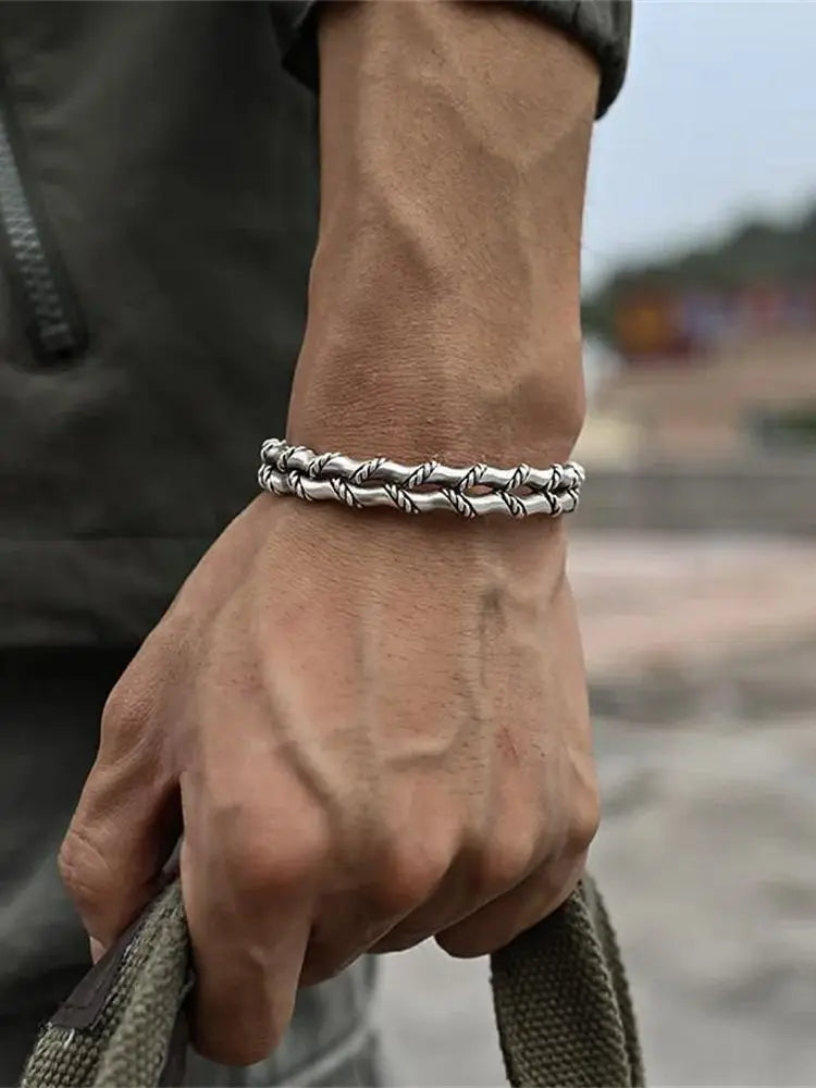 Fashionable Cuban Braided Double Layer Bamboo Open Bracelet Hip Hop Silver Color Men's Bracelet Street Party Jewelry  Amaijoin