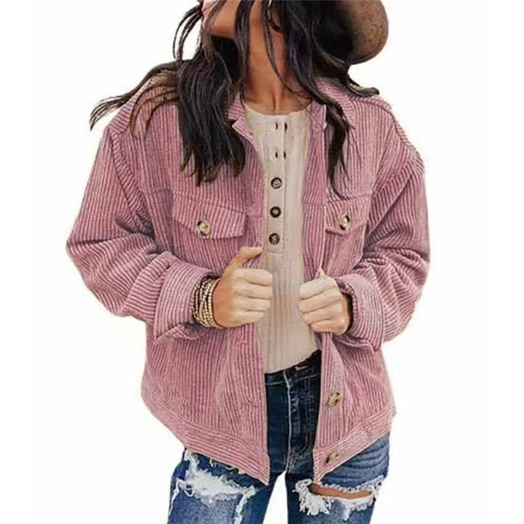 Women's Autumn And Winter Loose Corduroy Lapel Double Pockets Long-Sleeved Shirt Jacket  Amaijoin