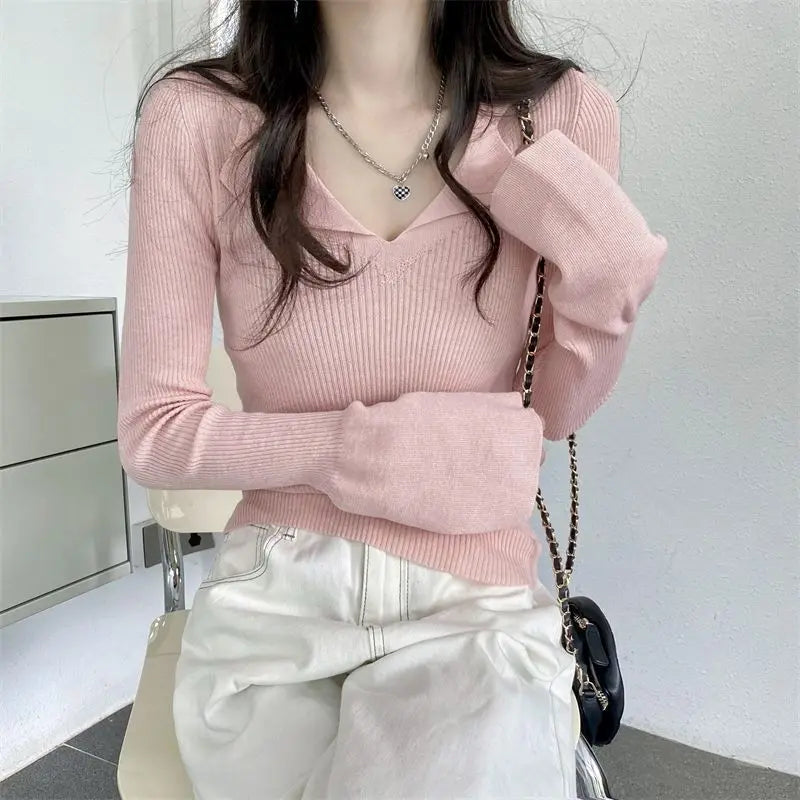 Black Casual Women Polo Neck Tee Shirt T Shirts Woman Top Korean Fashion Clothing Long Sleeve Clothes Free Shipping Streetwear  Amaijoin