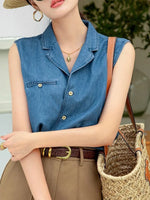 Carregue a imagem no visualizador da Galeria, Vintage Denim Vest Women Summer Cuban Collar Sleeveless Shirt Loose Casual French Style Chic Pocket Blouse Outerwear Top  Amaijoin
