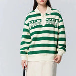 Carregue a imagem no visualizador da Galeria, Semir Sweater Women Waffle Texture Striped Shirt Oversize Winter Polo Collar Letter Embroidered Retro Sweatshirt  Amaijoin
