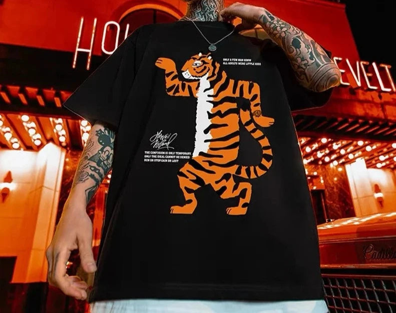 ZAZOMDE Summer Men Tee Korean Fashion Retro Loose Letter Cartoon Tiger Short-sleeved Cotton T Shirt Oversized Tops Unisex Tees  Amaijoin