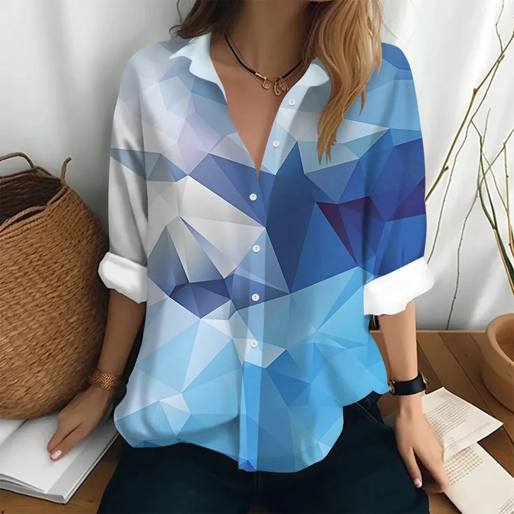 Autumn Women's Shirt Polo Collar Long Sleeve T-shirt Fashion Print Top Fashion Party Trend Women's Shirt Button Casual T-shirt  Amaijoin