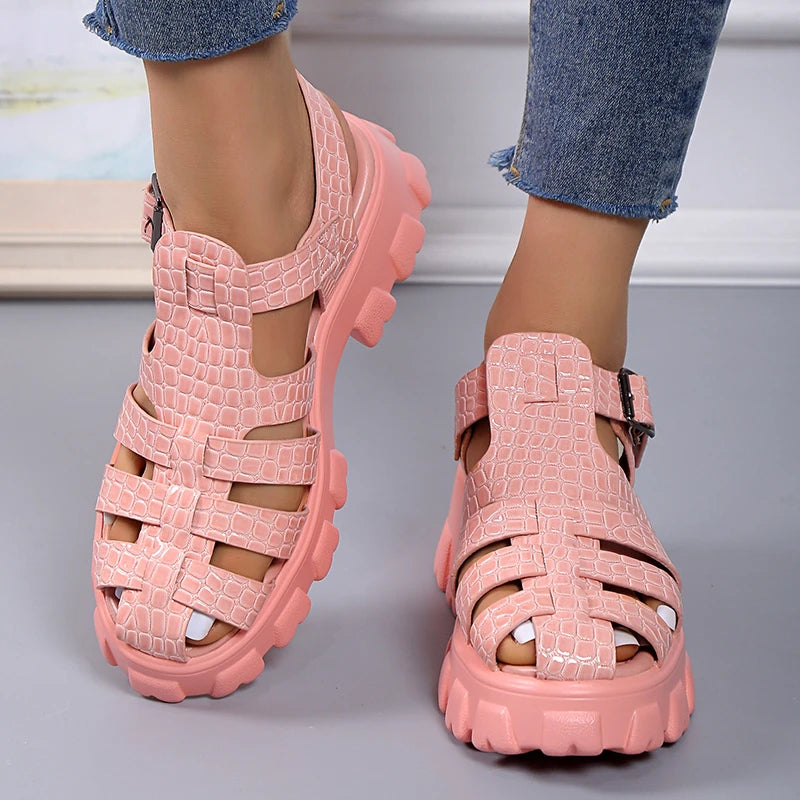 Summer Fashion Gladiator Women Narrow Band Cross-tied Platform Square Heel Peep Toe Rome Design Sexy Mature Shoes Ladies Female  Amaijoin