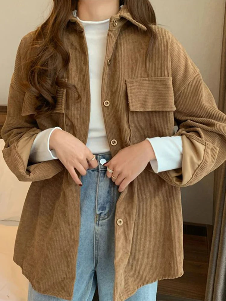 Jmprs Casual Women Corduroy Shirts Fashion Pockets Long Sleeve Spring Ladies Tops Solid Korean Loose Button Up Shirts  Amaijoin