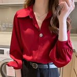 Carregue a imagem no visualizador da Galeria, Button Up Spring White Office Outfits Clothes Formal Long Sleeve Satin Womens Shirt &amp; Blouse Wear To Work Silk Tops for Women S  Amaijoin
