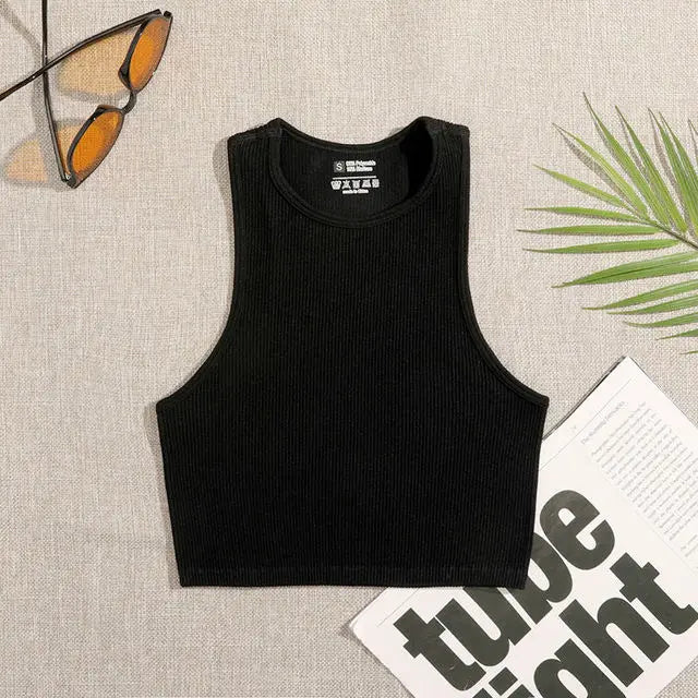 Crop Top Women Solid Basic T-shirts Vest Seamless Streetwear Elastic Rib-Knit Sleeveless Casual Tank Tops Female  Amaijoin