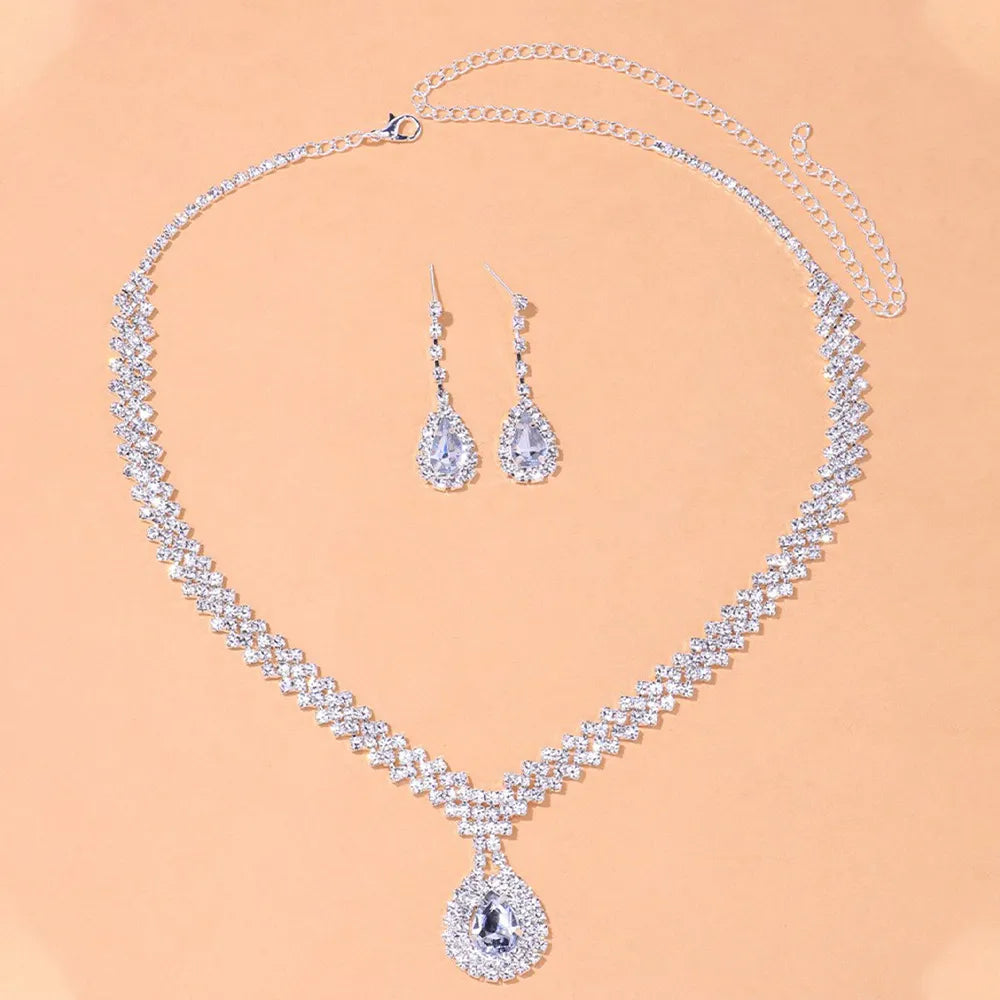 StoneFans Wedding Lozenge Step Style Rhinestone Necklace Earrings Set For Women Jewelry Choker Tassel Earring Bridal Gift Party  Amaijoin