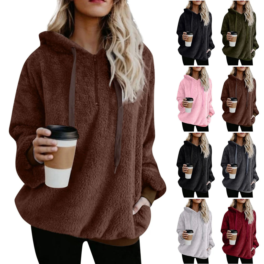 Winter Women Long Sleeve Fleece Hooded Sweatshirt Pullover Warm Jumper Sweaters With 1/4 Zip  Amaijoin