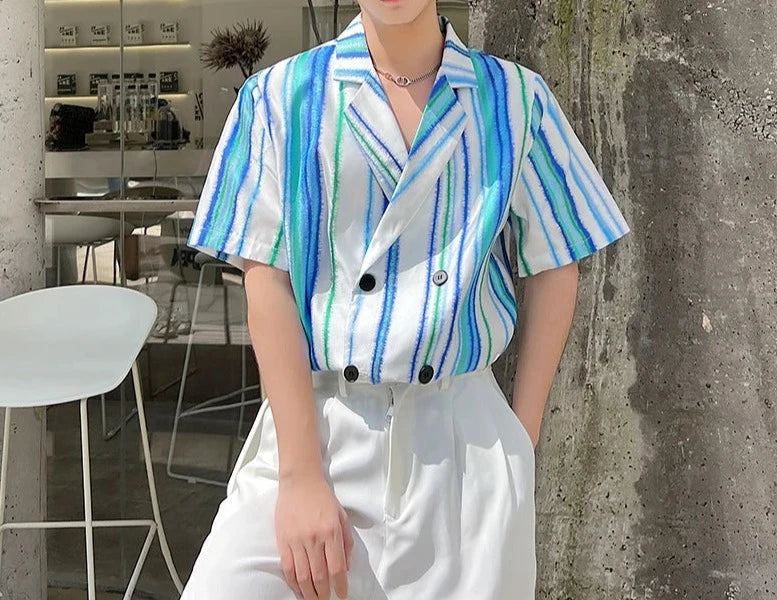 Korean Fashion Net Celebrity Shirt Men Suit Style Short Sleeve Shoulder Pad Double Breasted Loose Casual Blue Stripe Shirts Male  Amaijoin