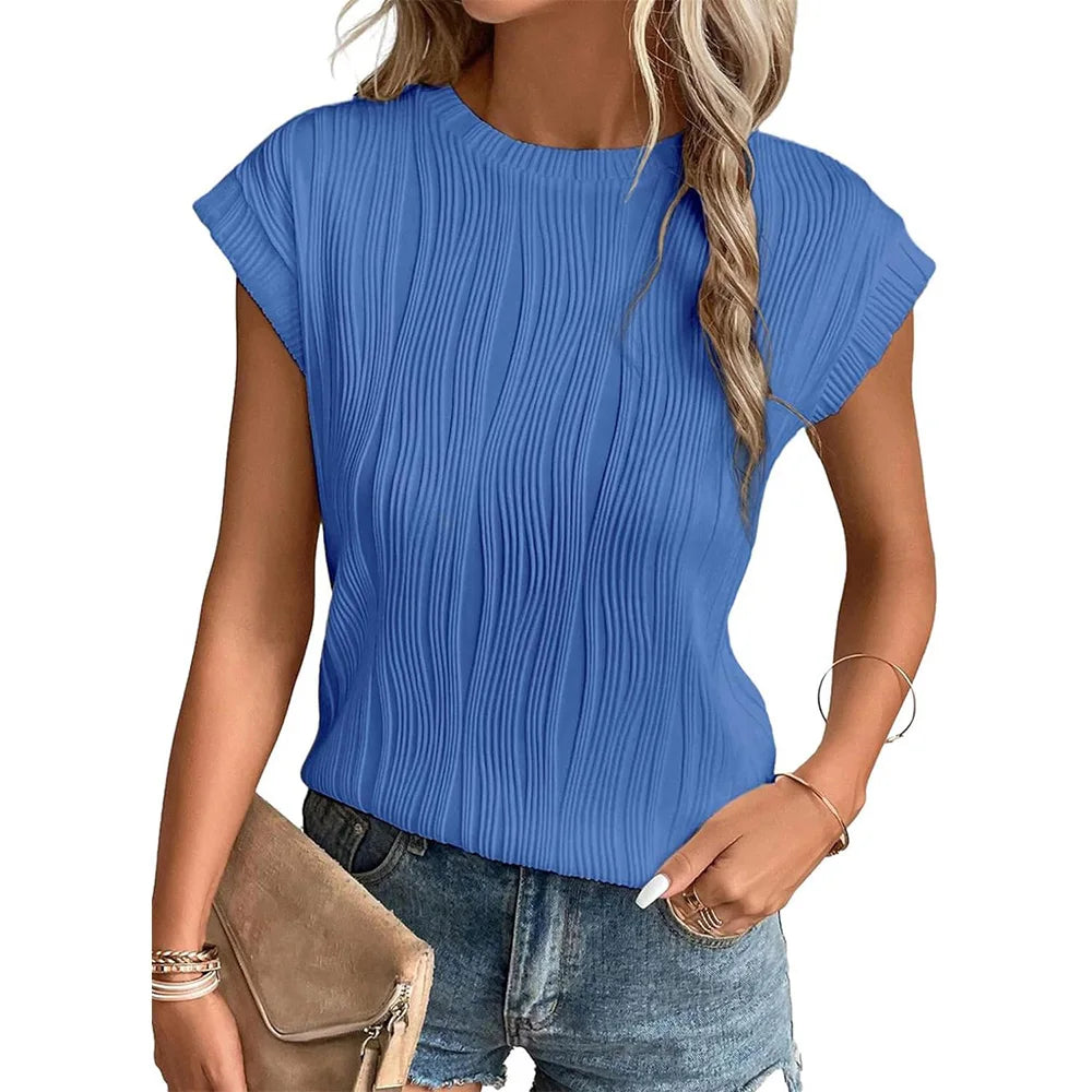 Womens Short Sleeve Textured Tops Crewneck Knit Solid Loose Casual Basic T Shirts Tee Blouses  Amaijoin