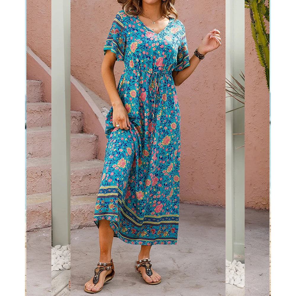 Bohemian V-Neck Floral Print Dresses Women Summer Casual Short Sleeve Midi Dress Beach Boho Elegant Fashion Long Skirts Female  Amaijoin