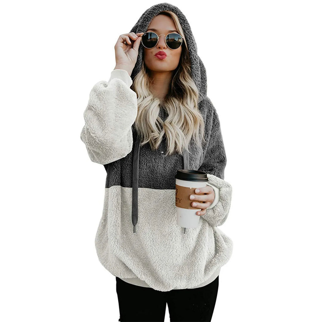 Women's pullover Women's Color Blocking Hooded Stitched Long Sleeve Zipper Plush Sweatshirts  Amaijoin