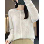 Carregue a imagem no visualizador da Galeria, Round Neck 100% Merino Wool Cardigan Spring Autumn New Hollow Out Fashion Long Sleeved Solid Color Knitted Cardigan Sweater Top  Amaijoin
