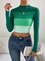 Carregue a imagem no visualizador da Galeria, On Sale 2024 Spring Women Crop Colorblock Turtleneck Ribbed Long Sleeve Pull Sweater Femme Knitwear Jumper Outfits Pullovers  Amaijoin
