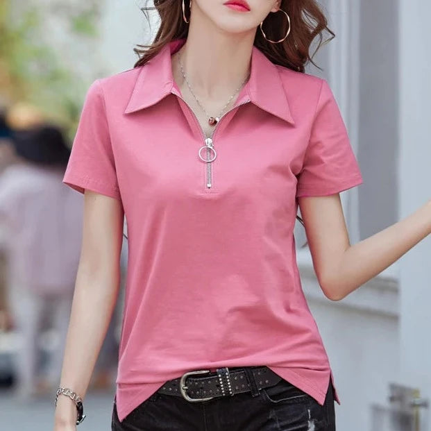 New 2024 Summer Women T Shirt Cotton Elegant Style Zipper Neck Fashion Office Lady Top Short Sleeve Polo For Women  Amaijoin