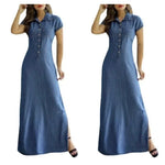 Carregue a imagem no visualizador da Galeria, Europe And America Cross Border New Long Dress Shirt Collar Split Pocket Large Swing Dress Large Casual Denim Dress  Amaijoin
